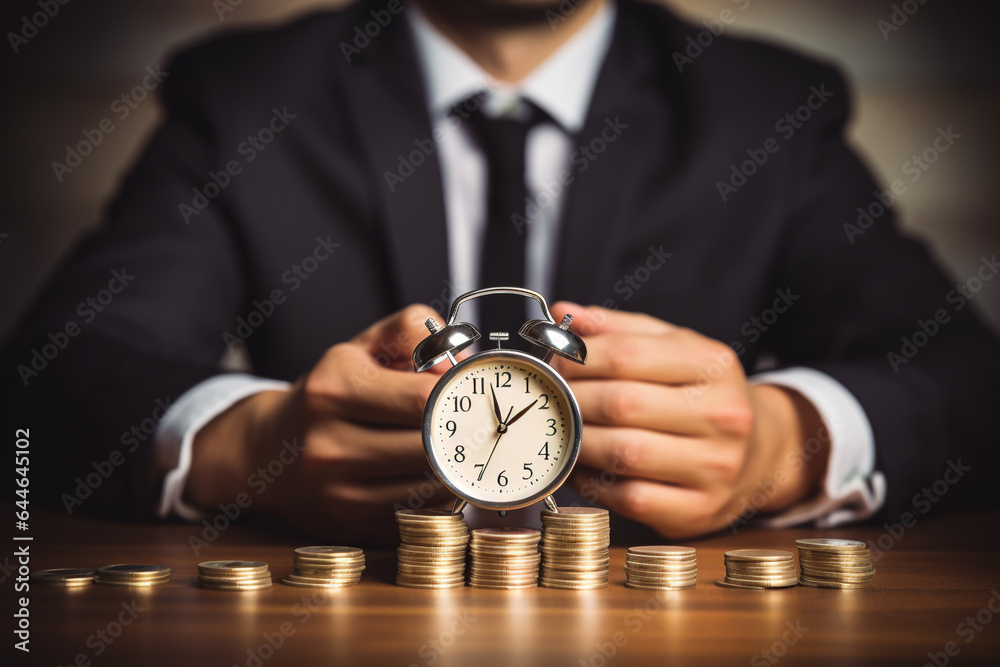 Clock and pile of money on the wooden table with overworked businessman . Overtime and life work balance concept. High quality illustration - obrazy, fototapety, plakaty 