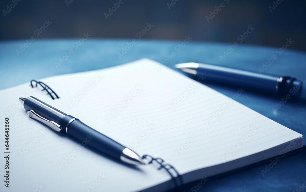 Notepad on a table with pen before meeting, blue tone, business concept with copy space Notepad on a table with pen before meeting, blue tone, business concept with copy space
