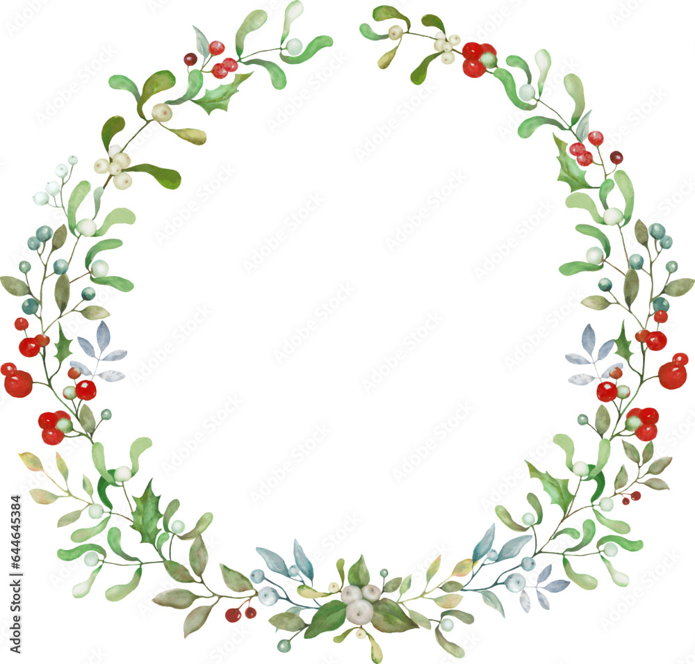 Watercolor Christmas wreath with holly, mistletoe and berries. Illustration for greeting floral postcard and invitations isolated on white background. Vector EPS.