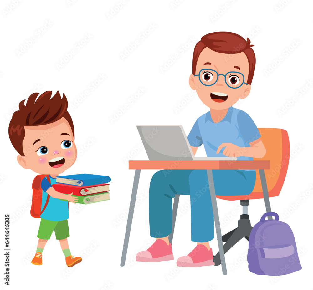 father and cute boy working with computer