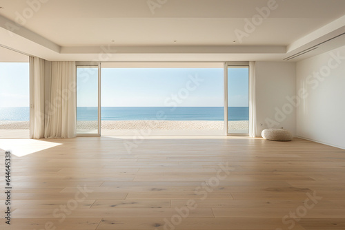 Sea view empty large living room of luxury summer beach house with swimming pool near wooden terrace. Big white wall background in vacation home or holiday villa. Hotel interior 3d illustration. High
