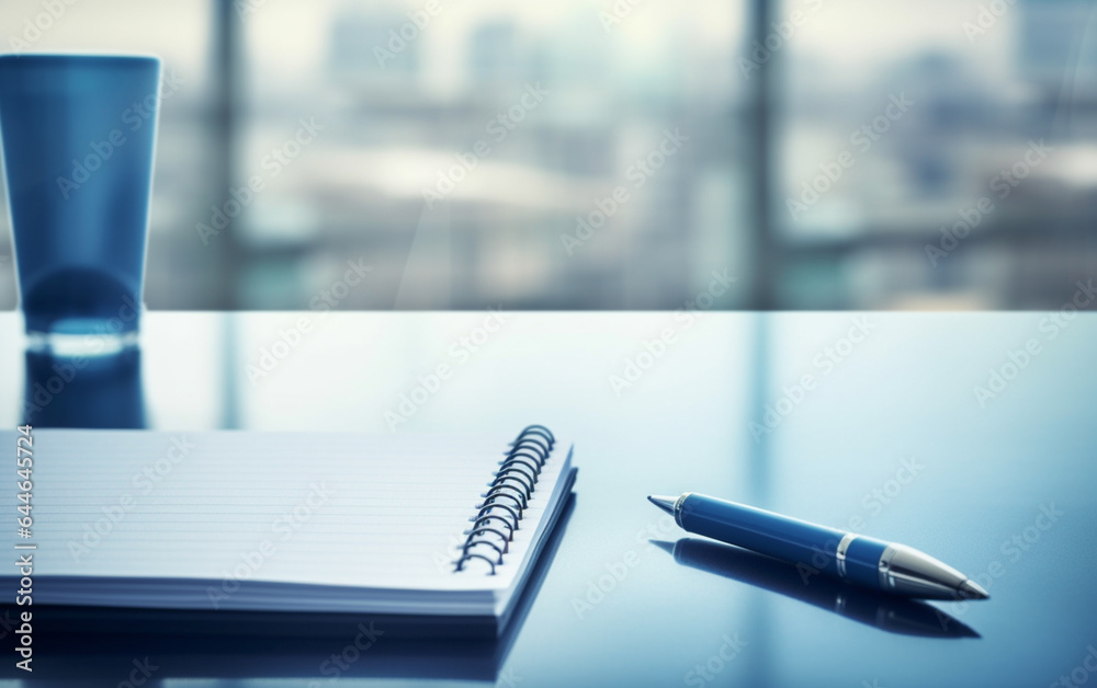 Notepad on a table with pen before meeting, blue tone, business concept with copy space Notepad on a table with pen before meeting, blue tone, business concept with copy space
