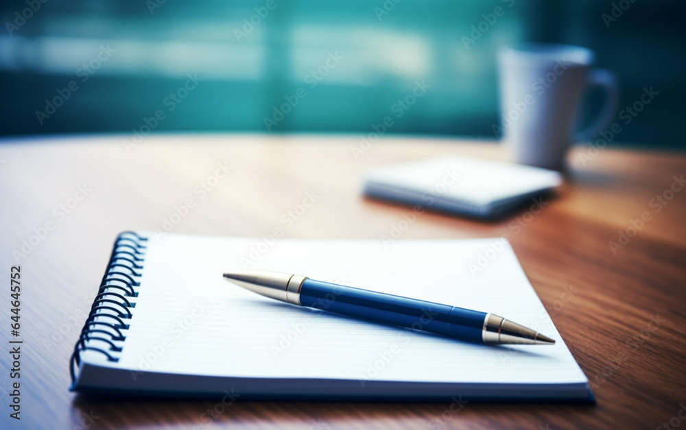 Notepad on a table with pen before meeting, blue tone, business concept with copy space Notepad on a table with pen before meeting, blue tone, business concept with copy space