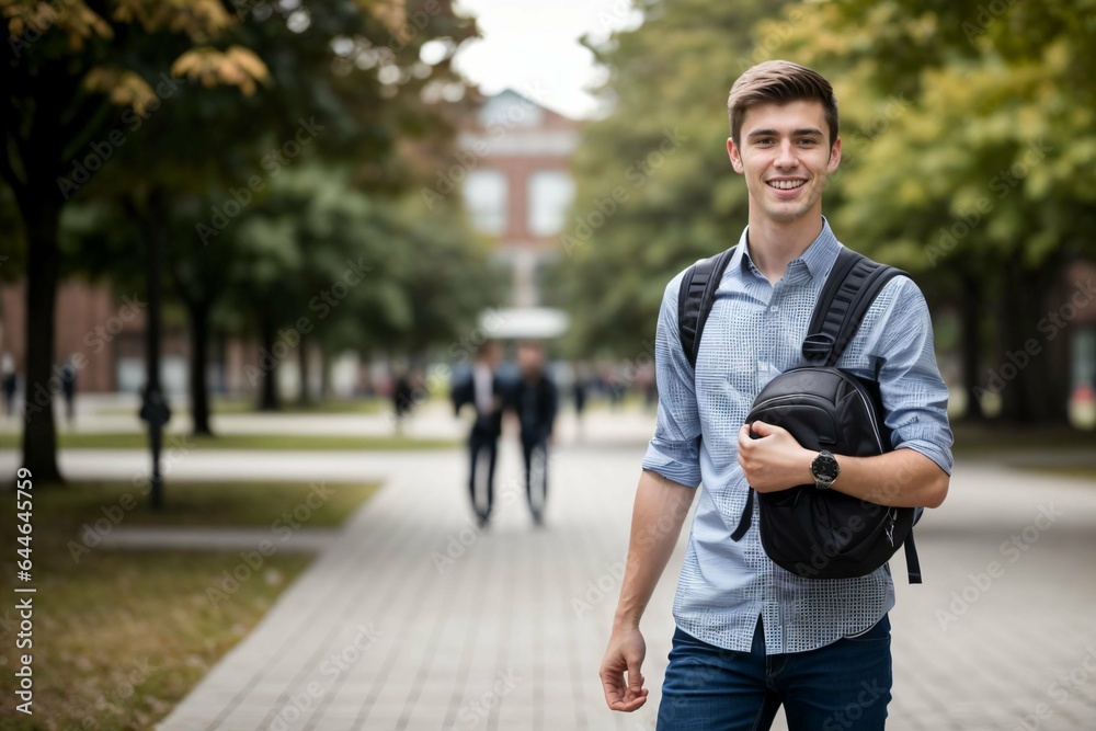 Male caucasian student portrait on college campus outdoors smiling and carrying school bags, education