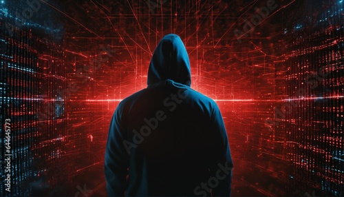 Glowing data and intricate code surround anonymous hacker in black hoodie