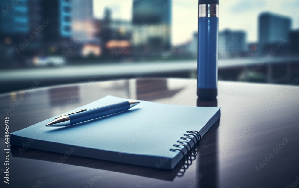 Notepad on a table with pen before meeting, blue tone, business concept with copy space Notepad on a table with pen before meeting, blue tone, business concept with copy space
