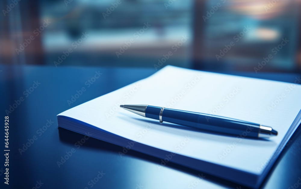 Notepad on a table with pen before meeting, blue tone, business concept with copy space Notepad on a table with pen before meeting, blue tone, business concept with copy space