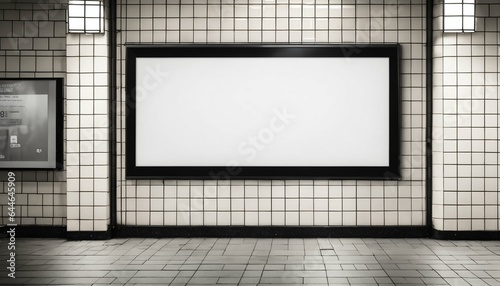 Subway station with blank white digital billboard black frame light box, empty poster advertisement on tile wall background for mockup, design, display, marketing