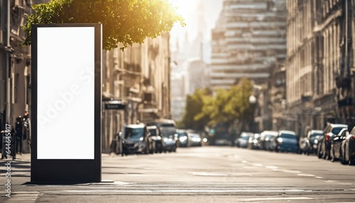 Urban street setting with empty white billboard digital sign poster mockup for advertising and marketing