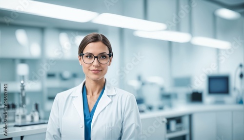 Modern laboratory with team of medical specialists and beautiful young woman scientist in white coat and glasses copyspace