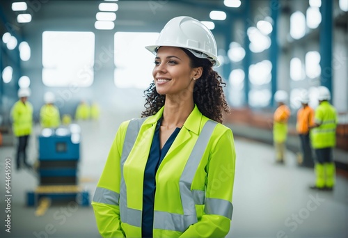 Woman in uniform at factory station - attractive maintenance engineer, safety hard hat, industry, engineer, construction concept
