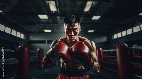 Male boxer wearing boxing gloves. Generative AI. © Kai Alves