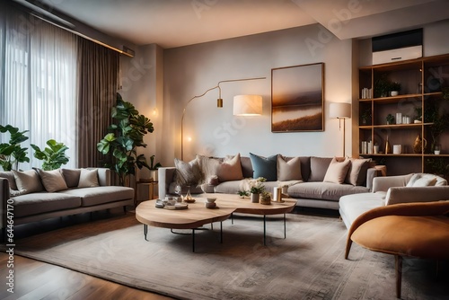 The cozy ambiance of an apartment s living room  with plush furnishings and soft  neutral colors 