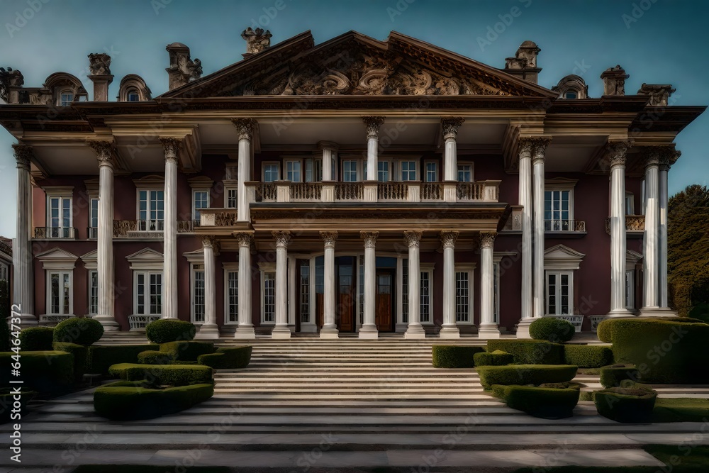 The timeless elegance of a mansion's exterior, with classical architectural details and symmetrical design 