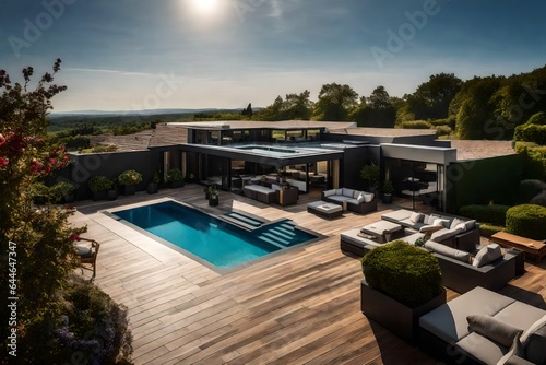 A mansion's expansive rooftop terrace, offering breathtaking views of the surrounding countryside 