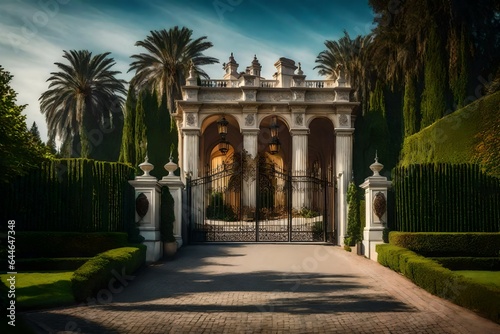 The majestic entrance of a mansion, with a regal gate and a tree-lined boulevard leading to opulent luxury 