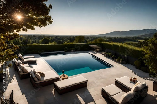 A mansion's expansive rooftop terrace, offering breathtaking views of the surrounding countryside 