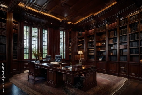 A mansion s elegant home office  featuring rich wood paneling and leather-bound books 