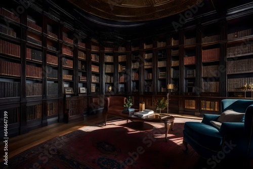 A mansion's private library, with floor-to-ceiling bookshelves and a cozy reading nook 
