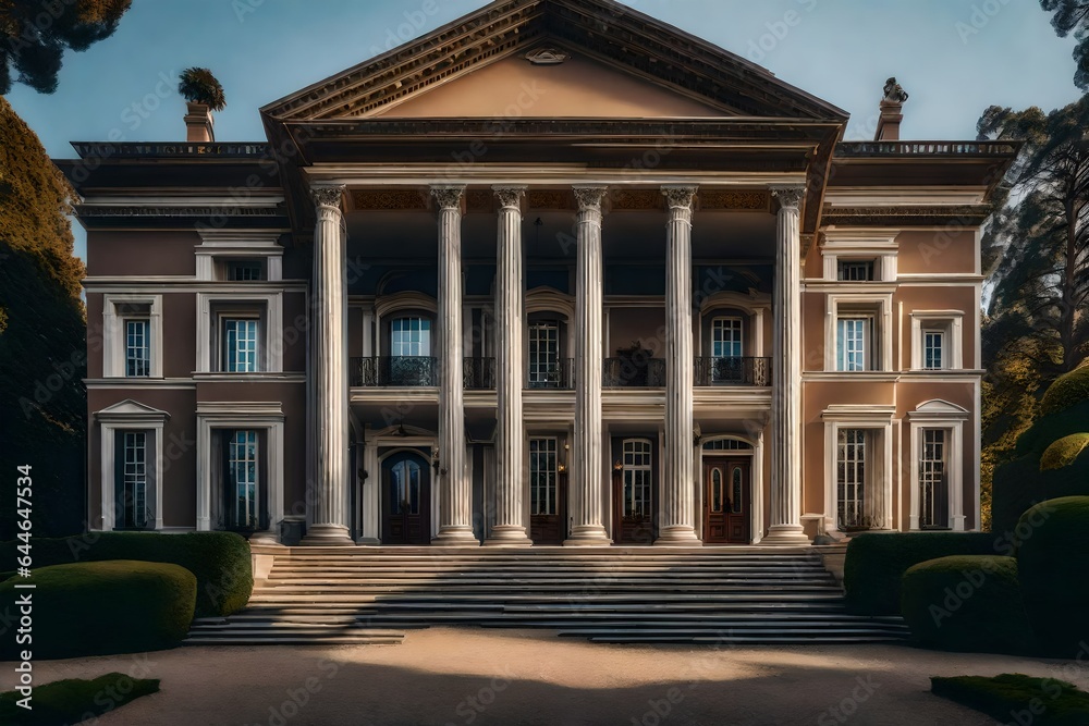 The timeless elegance of a mansion's exterior, with classical architectural details and symmetrical design 