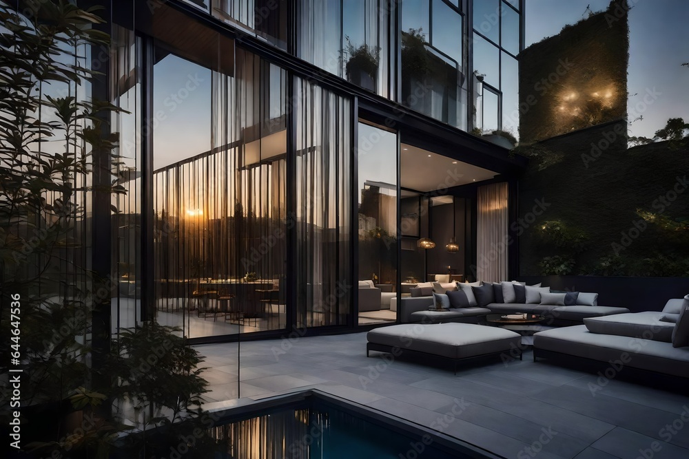 Fototapeta premium The modern elegance of an apartment's exterior, with sleek lines and floor-to-ceiling windows, bathed in soft evening light 