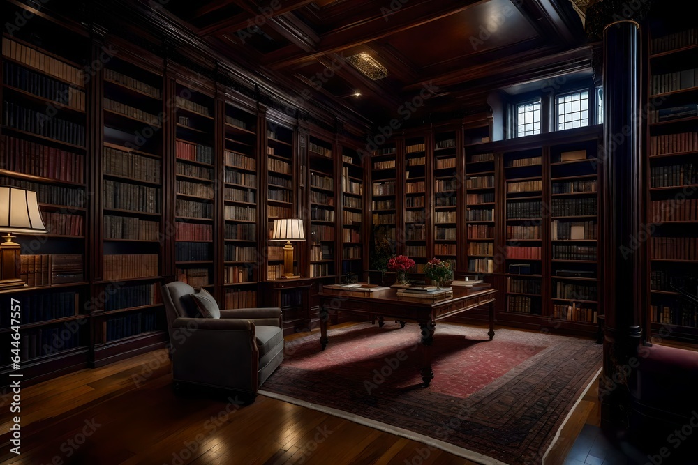 A mansion's private library, with floor-to-ceiling bookshelves and a cozy reading nook A mansion's private library, with floor-to-ceiling bookshelves and a cozy reading nook