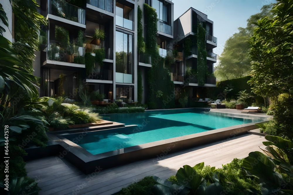 An apartment's tranquil garden retreat, featuring a water feature and lush, verdant landscaping 