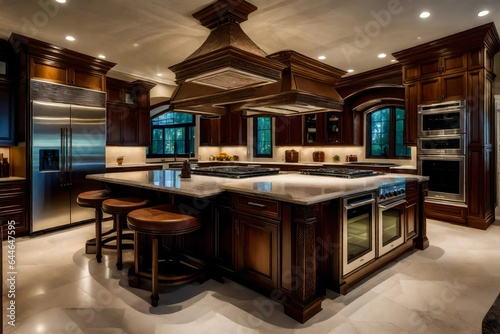 A mansion s gourmet kitchen  with a chef s island and a professional-grade gas range 