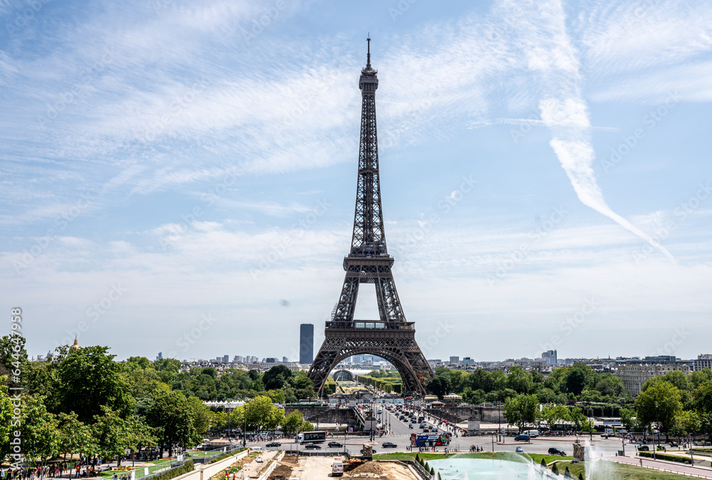 Eiffel Tower, iconic Paris landmark with vibrant blue summer skies, France