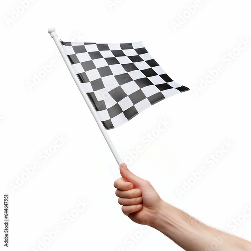Hand Holding a Checkered Flag Isolated on White Background. Generative ai