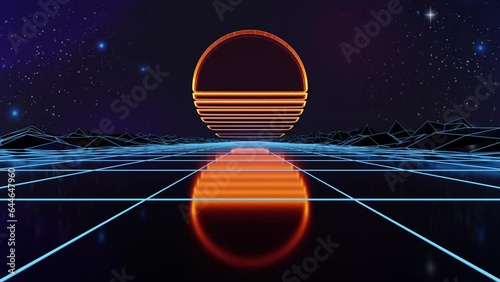 Synthwave Sunset. Animated Background. 80s Sun. Wireframe Landscape. Retro Future Perspective Grid. Retrowave Style. Sci-fi Abstract Backdrop. 3d render. Seamless loop
