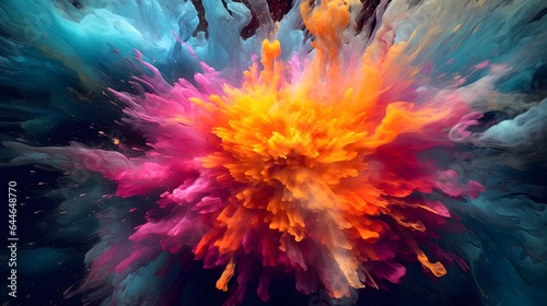 A vibrant aqua explosion against a moody blue background captivates with its vivid display of color, colorful aqua color explosion background, generative ai