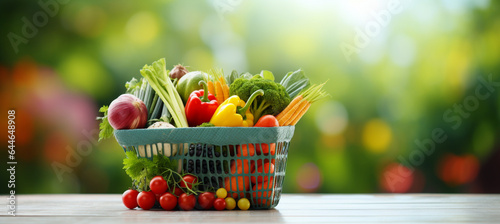 Shopping basket containing fresh foods with blurry background isolated for supermarket grocery  food and eating