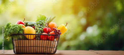 Shopping basket containing fresh foods with blurry background isolated for supermarket grocery  food and eating.