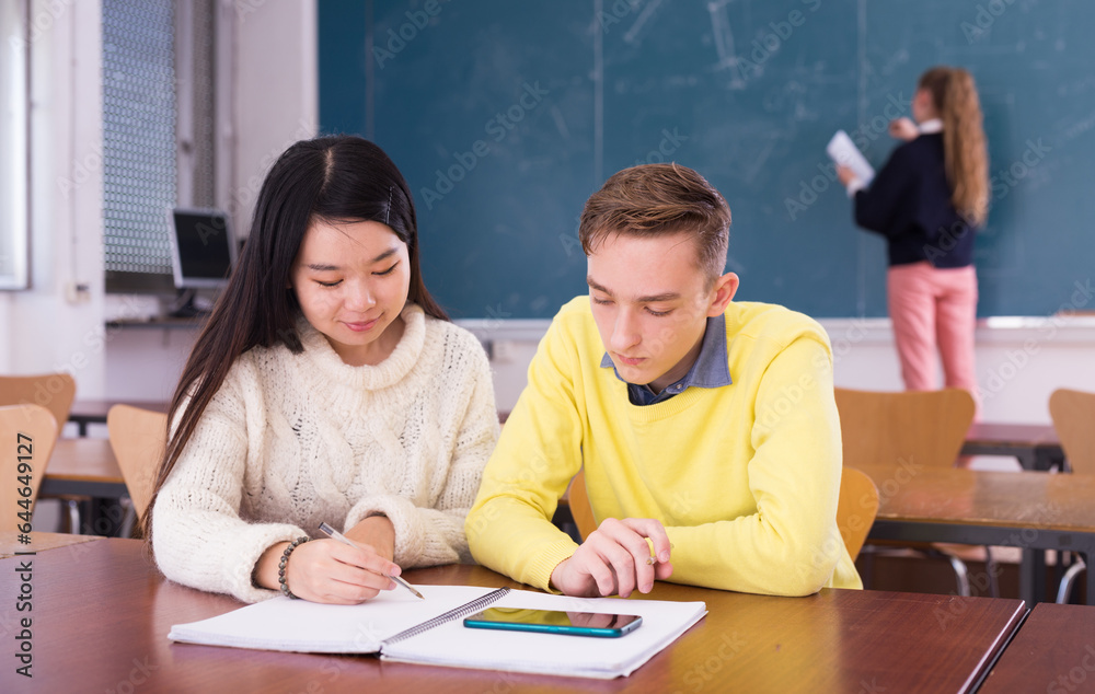 Fototapeta premium Chinese girl and male students writing notes together in audience
