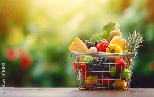 Shopping basket containing fresh foods with blurry background isolated for supermarket grocery  food and eating.