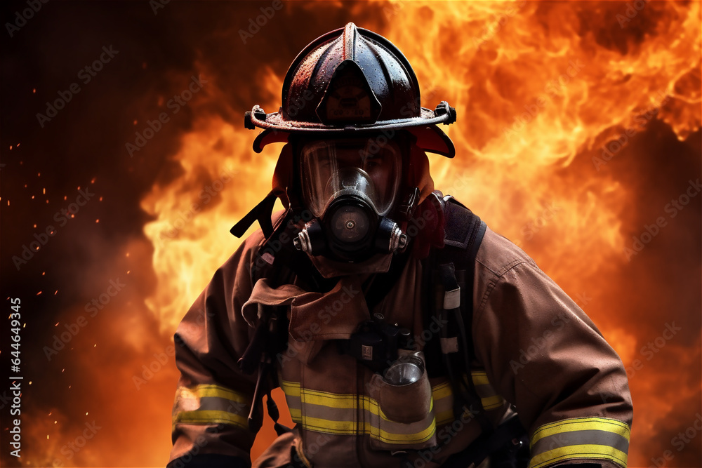 firefighter's portrait with fire and flames on background