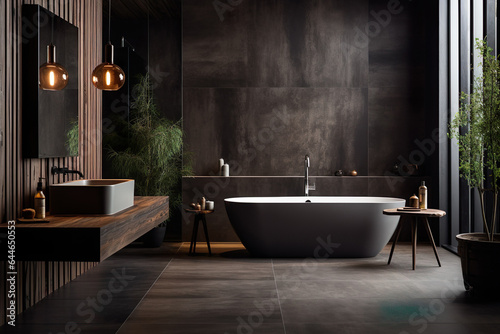 Stylish luxury black bathroom with black stone tile  bathtub  plant  Generative AI