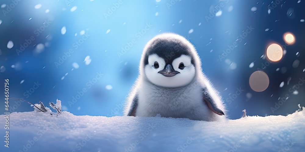 Fototapeta premium Kawaii Baby Penguin 3D rendered Computer generated image with a snowy winter scene new for Winter 2023. Windy snowstorm and frosty blizzard keeps this cute animal chilly