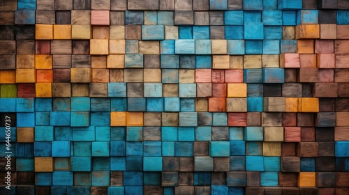 Colorful Wood aged art architecture texture abstract block stack on the wall for background.