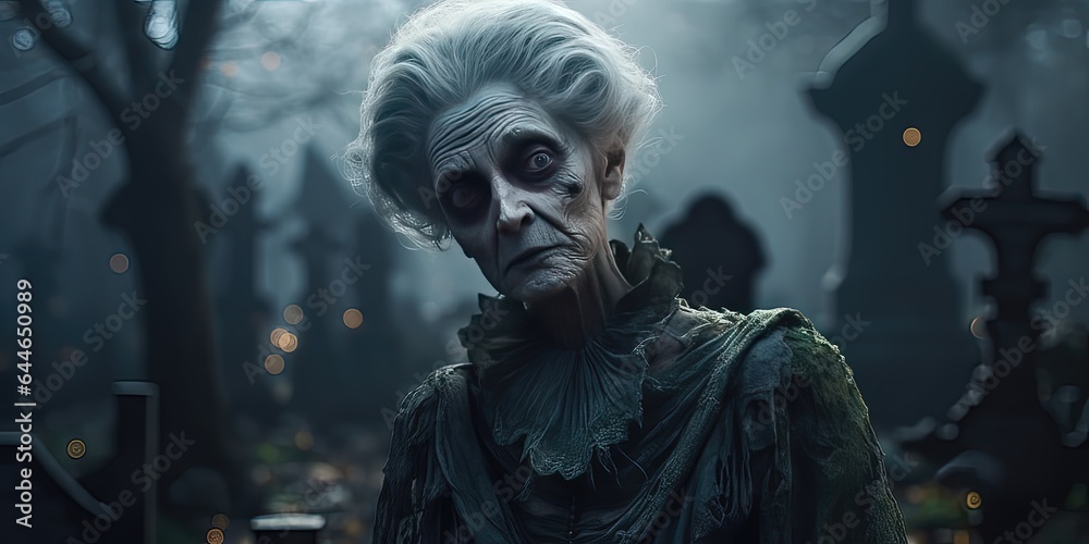 creepy and ghoulish elderly woman hanging out in the graveyard on a foggy evening
