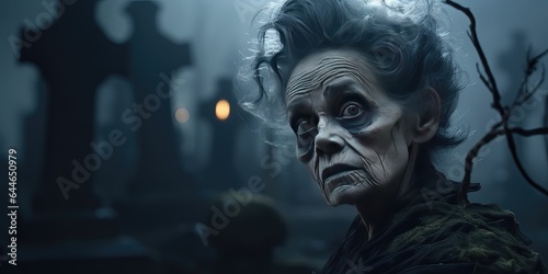 creepy and ghoulish elderly woman hanging out in the graveyard on a foggy evening
