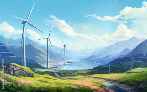 Solar panel with wind turbines against mountains and sky