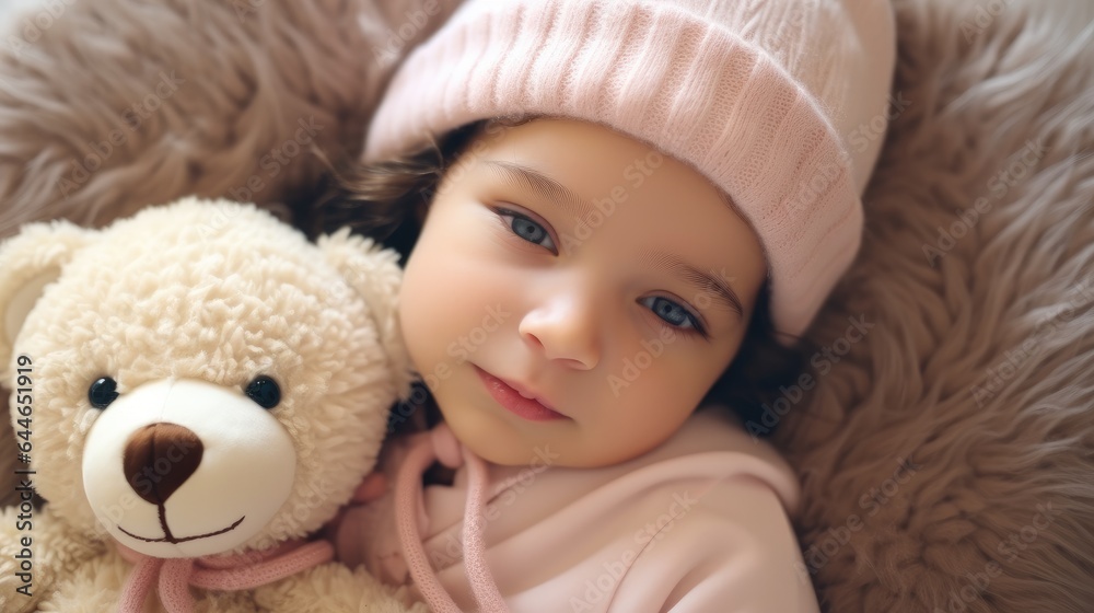 Newborn baby girl with a teddy bear, Cute baby.
