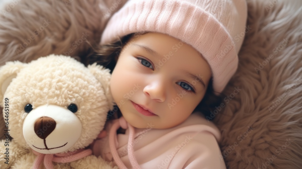 Newborn baby girl with a teddy bear, Cute baby. Newborn baby girl with a teddy bear, Cute baby.