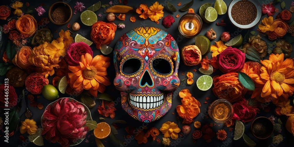 overhead photo of a sugar skull calavera decorated for the dia de los ...