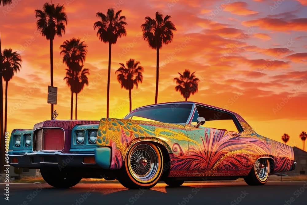a colorful image of a colorful lowrider car in the sunset