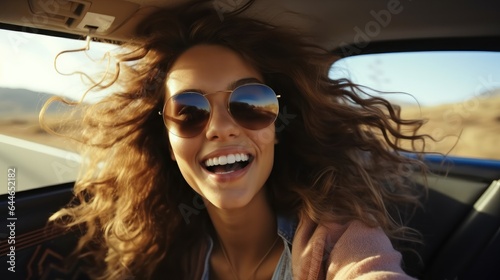 Smiling woman in a car, Enjoying comfort trip.