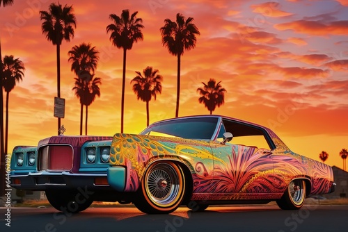 a colorful image of a colorful lowrider car in the sunset © Brian