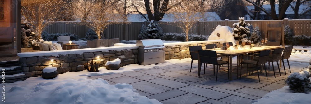 Modern back patio - garden and backyard with seating and place to entertain and cook during the winter snow - obrazy, fototapety, plakaty 